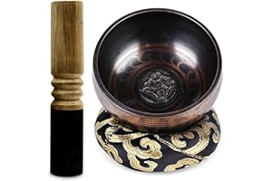 PRITOK Tibetan Singing Bowl Set for Meditation and Yoga: Handcrafted Sound Bowl with Leather Clapper & Cushion, Chakra Healing Stress Relief Spiritual Gifts, Black Cushion (8 cm)