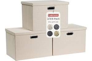 FABINADO 260g/m² Large Fabric Storage Boxes with Lids, Linenette Storage Baskets for Clothes & Toys, Odour Dispersal Process, 3mm Support Layer, Reinforced Edges, 3 Pack, Candlelit Beige