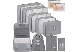 WECUTE Bolsas Organizadoras Maleta, 11 Piezas Organizador de Equipaje Multifunción, Packing Cubes Bolsas Ropa Viaje, Organizadoras Viaje, Impermeable, juego con bolsa de cosméticos (Gris)
