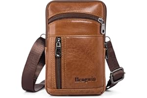 Hengwin Mini Men's Shoulder Bags, Small Leather Wallet Vertical Phone Holster for iPhone 15 14 13 Pro Max, 15 14 Plus 12 11 XR SE Samsung S24 S23 Ultra Travel Phone Holder (Brown)