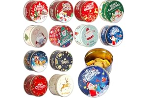 TZEKING 12 Piezas Caja de Hojalata Navideña,Piezas Bote Galletas Navidad,Caja De Hojalata Navideña Para Galletas y Dulces Envase Multifuncional De Almacenamiento,Redonda,7.5x 7.5 x 4.5 cm