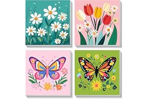 Bowetile 4Pcs Dipingere con i Numeri Adulti per Bambini Fiore con Cornice, Kit Lavoretti Creativi per Bambini, Farfalla Pittura Acrilica Numerata Per Decorazione Della Casa Bambin 20X20 cm