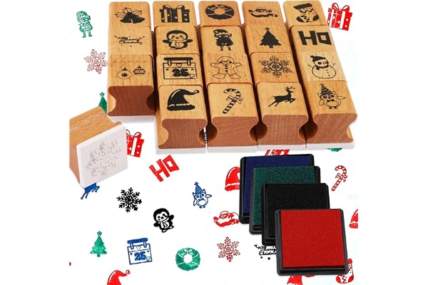 HOWAF 24pcs de Tampons de Noël En Bois Avec Tampon Encreur pour Enfants Filles Garçons, Noël Imprimer Tampons DIY Scrapbooking Noël Artisanat Dessin pour Enfants Bricolage Noël Cadeau Emballage Papier