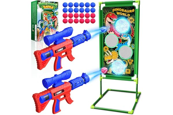 Dinosaure Jouet Enfant 3-12 Ans, Jeu Enfant 3 4 5 6 7 8+ Ans Jouet Garcon 3-12 Ans Dinosaure Cadeaux Jeu de Tir 2 Blasters à Air avec Visée, 4 Cibles à Points, 24 Balles Mousse Jeux Cadeau de Pâques