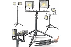 MASKO® LED Baustrahler 8000 Lumen Doppel 2x50W mit Stativ & Fernbedienung Arbeitsleuchte 72LEDs Arbeitsscheinwerfer 360° Drehbar IP65 Bauscheinwerfer 5m Kabel Baustellenlampe höhenverstellbar 86-202cm