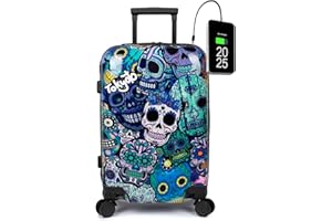 TOKYOTO - Valigia Da Cabina Divertente Per Bambini Ragazzi Fans Dei Cartoni Animati Teschi Messicani Catrinas Bagaglio A Mano USB 55x40x20 cm Trolley 55x35x20 Valigia Rigida 10 Kg Blue Skulls