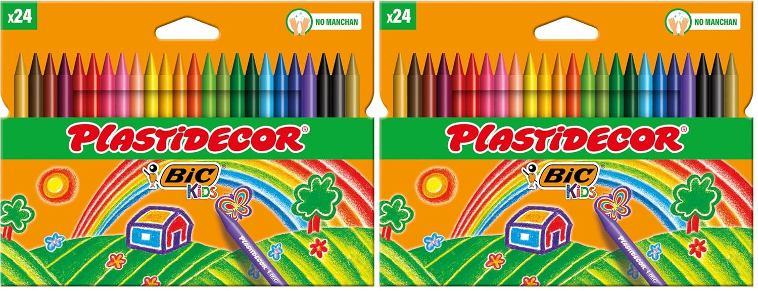BIC Kids Ceras de Colores para Niños, Óptimo para material escolar,Plastidecor, Colores Vivos Surtidos, Ideal para colorear, 24 Ceras (Paquete de 2)