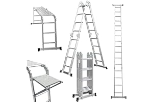 RACKIT StepIt 14-in-1 Multi Purpose Combination Ladder 4x4 with Tool Tray & Work Platforms - 150kg Extendable Scaffold System 4.7m - Click-Lock Hinges Stabiliser Bars - Aluminium for Stairwell DIY Decorating