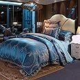 Beyeutao Jacquard Duvet Cover Double Bedding Luxury Blue Duvet Set Jacquard Bedding Set 3 PCS with Duvet Cover Set Pillowcases. (Blue, Double)