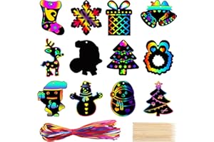KEYIDO 48 Pz Scratch Art Bambini Natale Fogli Neri da Grattare Cartoncini Disegno Pensierini Gadget Regalini Natalizi con 48 Corde Colorate 12pz Stilo Legno