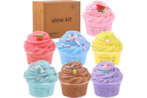 BRETOHAY 7 Pack Mini Butter Slime Kit,with Pink Watermelon, Ice Cream and Cake Slime Etc,7 Color Slime and Slime Charms,Soft and Non-Sticky,DIY Scent Slime Party,Stress Relief Sludge Toy for Boys and Girls