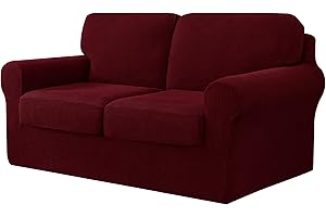 CHUN YI 5 Pieces Stretch Sofa Cover 2 Seater with Two Separate Cushions and Backrests Stylish Jacquard Spandex Fabric Sofa Slipcover for Living Room Furniture Protector(2 Seater，Wine)