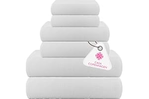 Casa Copenhagen Gofre Rizo Toalla 6 Piezas Juego, 100% Algodón, Extra Grande y Lujoso- Blanco, 2 Toallas de Baño 89x178 cm, 2 Toallas de Mano 51x79 cm, 2 Toallitas 41x41 cm para Baño