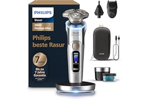 ‎PHILIPS Philips Rasierer i9000 Prestige Ultra, Nass- und Trockenrasiererr, chrom, Druck- und Bewegungssensor, 5+1 Bartstyler, Nasenhaartrimmer, Reinigungsstation, Ladestation und Reiseetui (Modell XP9404/38)
