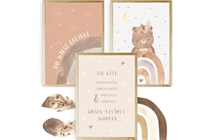 EULENTALER® Poster für Kinderzimmer im Boho-Stil I Von Pädagogen kreativ & liebevoll gestaltet I Tierposter Babyzimmer I Wandposter für Mädchen & Jungen (3er Set im DIN A4 Format) Bär