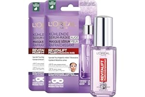 ‎L'OREAL PARIS L'Oréal Paris - Rituel Augenpflege, kratzfest, mit Hyaluronsäure & Koffein – 1 x Serum mit Roller, Dreifach-Kugellager (20 ml) & 2 x Stoffmasken – Revitalift Filler