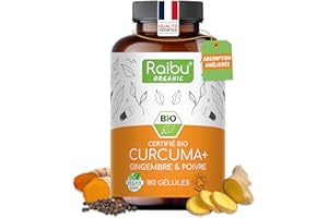 Curcuma gingembre poivre noir 1500mg, 180 gélules de curcumine bio - curcuma bio gelule anti inflammatoire, bien-être articulaire, santé du foie, immunité - testé en laboratoire, Raibu