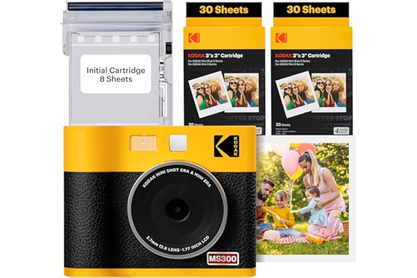 KODAK Mini Shot 3 Era 4PASS 2-in-1 Appareil Photo Instantané et Imprimante Photo Portable (7,6x7,6cm) (Lot Accessoire avec 68 Feuilles, Noir)