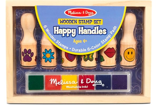 Melissa & Doug - 6 Tampons + 6 Couleurs d'encre - Jouet en Bois - Activité Manuelle Enfant - Loisir Créatif - Jouet D'Activité, De Développement Et Apprentissage - Cadeau Enfant 4 Ans Et +