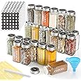 Aozita 36 Pcs Glass Spice Jars with 612 Spice Labels - 4oz Empty Square Spice Bottles - Shaker Lids and Airtight Metal Caps - Chalk Marker and Silicone Collapsible Funnel Included