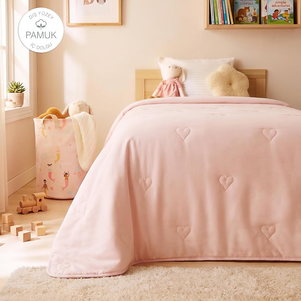 Ocean Home Textile%100 Pamuk Penye Pembe Kalp Nakışlı Çocuk Tek Kişilik Çok Amaçlı Örtü 155 x 215 cm