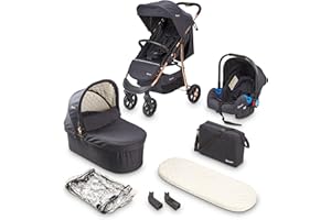BABYGO Poussette 3 en 1 Styles – Accessoire de sport et baignoire séparés et siège auto – Sac à langer/housse de pluie/matelas – Noir/or rose