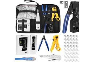 CONTRAXUMP Kit de instalación de red, crimpadora RJ45 con 50 conectores RJ45 Cat5/Cat5e/Cat6 Pass Through, kit de crimpado RJ45/RJ11/RJ12, alicates de corte, Lsa herramienta de montaje, probador de cable de red