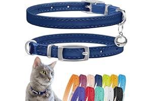 CollarDirect Collar de Piel para Gato Con Correa Elástica y Campana - Seguridad para Gatito - Negro, Azul, Rojo, Naranja (Cuello 6-7 Pulgadas, Azul Marino)