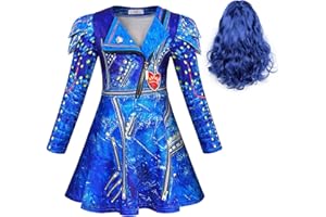 Febbabe Descendants Evie Costume for Girls Zipper Jacket Long Sleeve Dresses Kids Fancy Birthday Party Princess Dress Up Halloween Cosplay Outfit with Wig