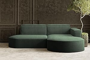 ‎KAISER MÖBEL Kaiser Möbel - Ecksofa mit Wohnlandschaft, Eckcouch L-Form, Sofa 3-sitzer, Polstersofa, Bequemes Couch mit Ottomane für Wohnzimmer, Relaxsofa, Stilvolles Cord Sofa, Modena Studio, Dunkelgrün, Rechts