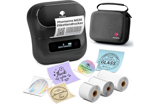 Phomemo M220 Imprimante D'étiquettes Thermiques, Bluetooth étiquettes D'adresses pour Code à Barres,Maison et Bureau, étiquetage Scolaire, pour Android et iOS,3 étiquettes et 1 Storage Box