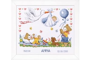Vervaco Point De Croix Compté Kit DIY Cadeau Bebe Naissance Personnalisé UNE CIGOGNE PORTE UN BÉBÉ Tableau Complet Kit De Broderie Loisir Créatif Maison Décoration ca. 28 x 24 cm Cross Stitch
