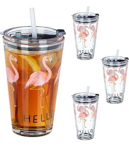 Lot De 4 Verres Enfants Relaxdays Espace Avec Couvercle Et Paille - 450ml - Transparent