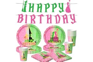 BACH AND BOUJEE 51PCS Pink and Green Birthday Party Decorations Banner Plates Cups Napkins Pink Green Witch Theme Supplies Party Favors