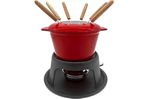 Andrew James Fondue Set for Cheese or Chocolate, Red Enamelled Cast Iron with 130mml Capacity and Gel Fuel Burner, Cast Iron Pot On Tripod with 22cm Base, Includes 8 Colour Coded Fondue Forks