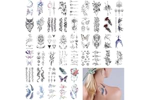 AOKITO 46 arkuszy tymczasowych tatuaży małych, fałszywych tatuaży, realistycznych tatuaży samoprzylepnych, tatuaży samoprzylepnych dla dorosłych, wodoodpornych naklejek do tatuażu na skórę, czarnych i kolorowych (105x60 mm)