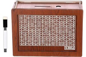 Wooden Money Box with Counter, AENEY Reusable Wooden Money Tin, Retro Piggy Bank with Erasable Pen Personalised Cash Box for Coin Banknote (5000)