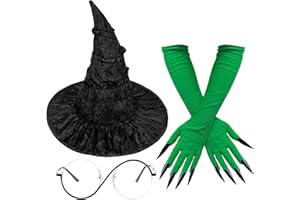 Horolam Witch Costume Accessories, Black Witches Hats with Glasses Green Gloves for Adult Women for Cosplay Dress Up