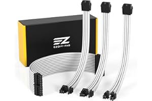 EZDIY-FAB Câble à Gaine D'extension Personnalisé Mod GPU Alimentation PC Tressée en Nylon Souple avec kit Peigne 24PIN/8PIN à 6+2PIN/ 8PIN à 4+4PIN-300MM Blanc