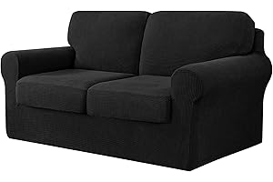 CHUN YI 5 Pieces Stretch Sofa Cover 2 Seater with Two Separate Cushions and Backrests Stylish Jacquard Spandex Fabric Sofa Slipcover for Living Room Furniture Protector(2 Seater，Black)