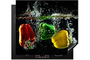 KitchenYeah© Protection Plaque Cuisson Deco Cuisine Cache Induction 58x51 cm Protege Pour Cuisiniere Protection Poivre - Légume - Eau - Noir - Rouge - Vert - Jaune