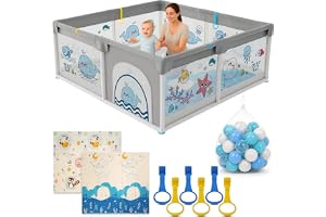 Lekplats för bebisar 150 x 180 cm + Babymatta + 60 bollar + grytlappar + Bärväskor – Baby lekhage med andningsbart nät – Baby lekplats – Playpen Baby (150 x 180 cm)
