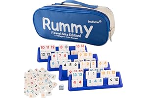 Doublefan Mini-Rommé-Set, Rommé-Spiel in Reisegröße mit robuster Reisetasche, klassisches Rommé-Würfelspiel für Erwachsene und Kinder, 106 Spielsteine, 4 Spielständer, 1 Würfel (2–4 Spieler)