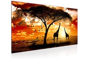 Runa Art Wandbild Afrika Sonnenuntergang 1 Teilig 100 x 40 cm Modern Bild auf Vlies Leinwand Giraffe Savanne Wohnzimmer Schlafzimmer Orange 001512b