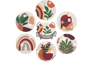 Temlum 6 Pcs Diamond Painting Coasters Kit with Holder, Abstract Plant Diamond Art Coasters Kits for Beginners, Adults Art Craft Supplies