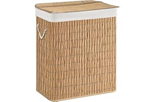 hjh LIVING Wäschekorb 2 Fächer FALSTER XL R, 100 L Wäschesammler mit Deckel, Wäschebox Rattan mit Griffen, praktische Faltfunktion, Braun