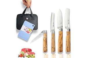 SENBON 440A Ensemble de 4 pièces en acier inoxydable Couteau de chef pliable tranchant Couteau à pain éplucheur universel Couteau de cuisine portable avec manche en olive naturelle