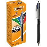 BIC 4 Colours Grip Pro T&uuml;kenmez Kalem 12'Li Kutu, Kau&ccedil;uk Tutacak, 1.0mm U&ccedil;, Tek Kalemde Mavi, Kırmızı, Yeşil ve Siyah Renkler