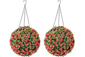 CHRISTOW Pair of Artificial Rose Topiary Balls, 28cm Faux Leaf Hanging Ornaments, Red & White Flowers, Decorative Outdoor Garden Plants, Lifelike Foliage, UV Protected, Pre-Attached Chain with Hook