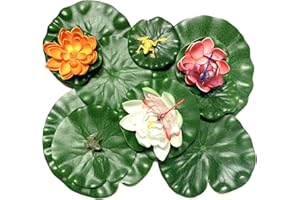 QUOZUO 15 almohadillas de lirio artificiales flotantes de espuma de loto con libélula artificial, hojas de loto, almohadillas de lirio de agua, adornos para estanque, piscina, acuario